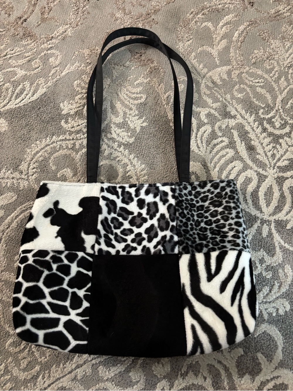 Black & White Patchwork Animal Print Tote Bag Faux Feather